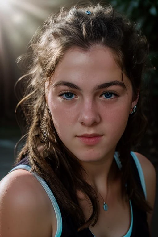 a close up of a young girl with a blue top and a black tank top