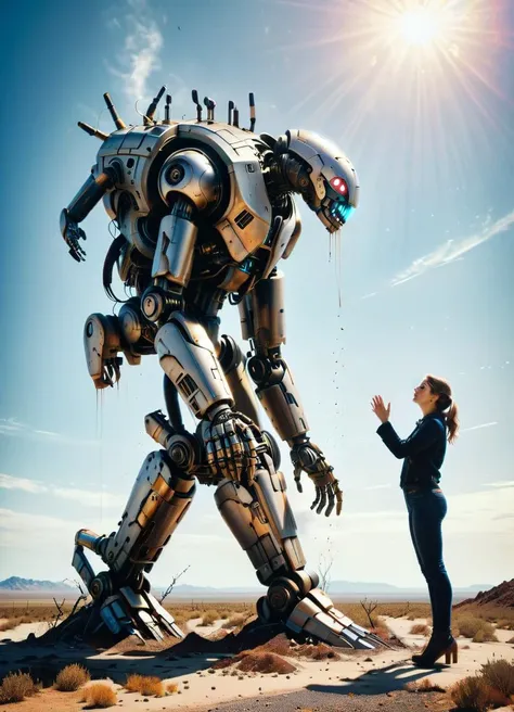 arafed robot standing in the desert with a woman standing next to it