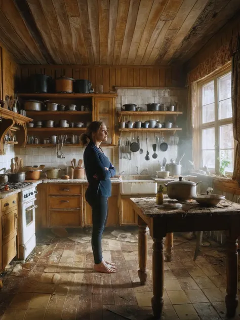 there is a woman standing in a kitchen with a wooden floor