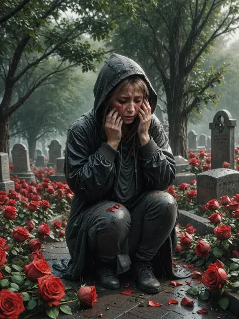 there is a woman sitting on a grave with a rose garden in the background