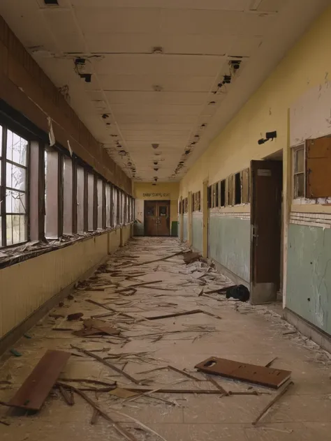 arafed hallway with broken windows and debris on the floor