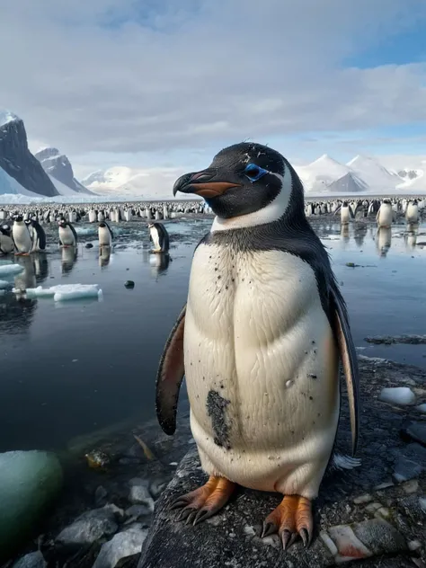 penguin standing on a rock in front of a body of water