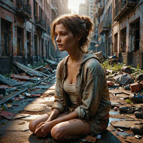 cinematic film still High Angle (from the side) view Close shot (focus on feet) ,  1girl, 21 year old,broken glasses,explorting the streets of an ais-abandz city , lit by a ray of light through the buildings ,4k, uhd,masterpiece, highly detailed skin with ...