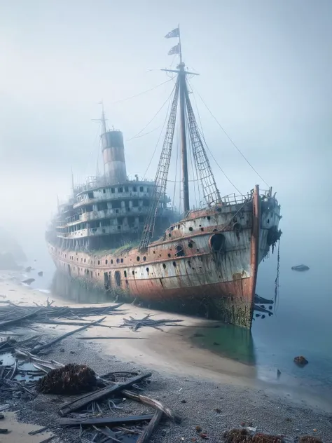 arafed ship on the shore of a beach in the fog