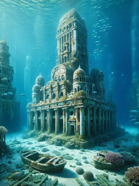 an underwater city with a boat and a boat in the water