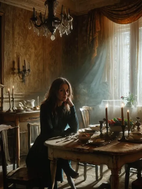 arafed woman sitting at a table with a candle in a room