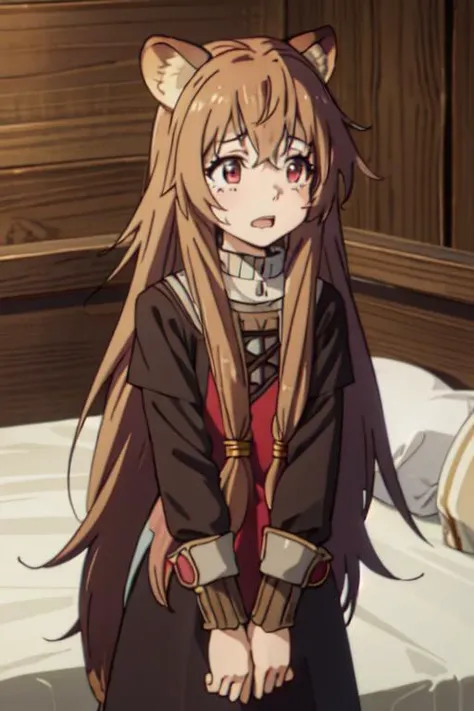 masterpiece, best quality,ultra detail,<lora:GoodHands-vanilla:0.7>,girl, ,raphtalia,bangs,long_hair,brown_hair,animal_ears,raccoon_girl,raccoon_ears,hair_between_eyes,animal_ear_fluff,long_sleeves <lora:raphtalia:0.7>,fantacy inn,wooden bed,crying ,tears,...