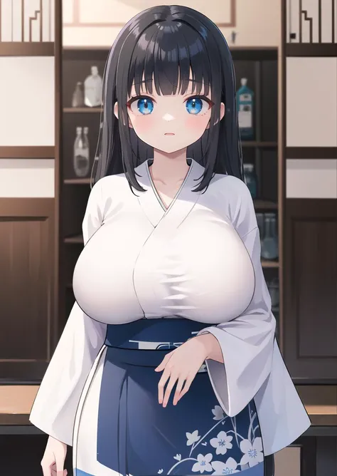 masterpiece, best quality, absurdres,
1girl, 
cowboy shot, 
standing, 
(white kimono, taut clothes), 
black hair, blunt bangs, azure eyes, huge breasts, <lora:huge_breasts_for_short_statureV4:0.2>,