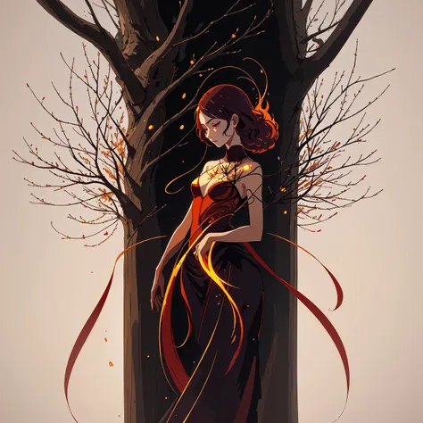 An ethereal figure stands amidst a backdrop of fiery reds and deep purples, with a single tree standing tall in the center of the painting. The figure appears to be made of light, with delicate wings spread wide and a gentle gaze fixed on the tree. The lea...