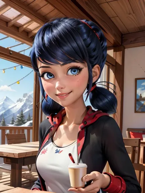 (8k, anime, manga, best quality, masterpiece:1.2), (intricate details), perfect eyes, perfect face, perfect lighting, beautiful, (masterpiece:1.2), (best quality:1.2), 1girl, solo, marinette, ladybug, blue hair, ponytails hair, red and black mask, lady bug...