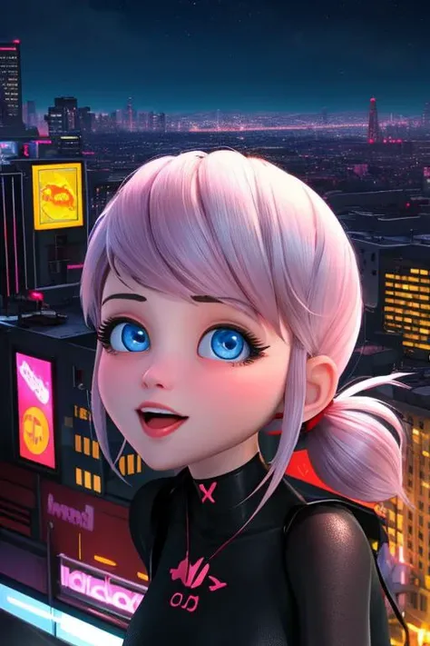 (masterpiece, best quality), (solo), 1girl, cute face, , techno wear,  face implants, <lora:marinette-10:0.6>, cityscape, poluti...