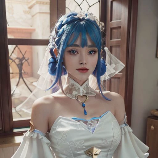 araffe dressed in a white dress and blue hair posing for a picture