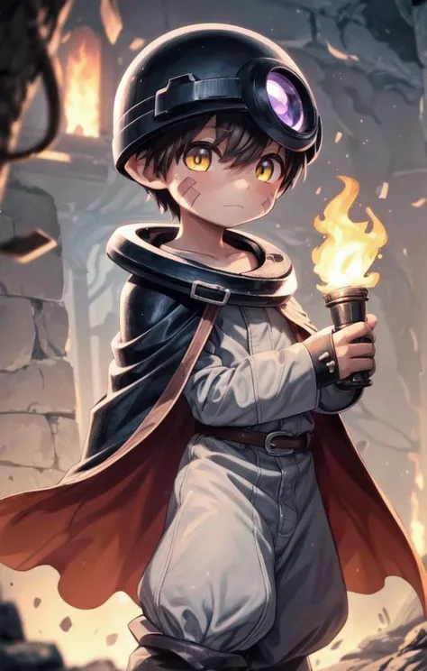 a cartoon image of a boy in a helmet holding a lit candle