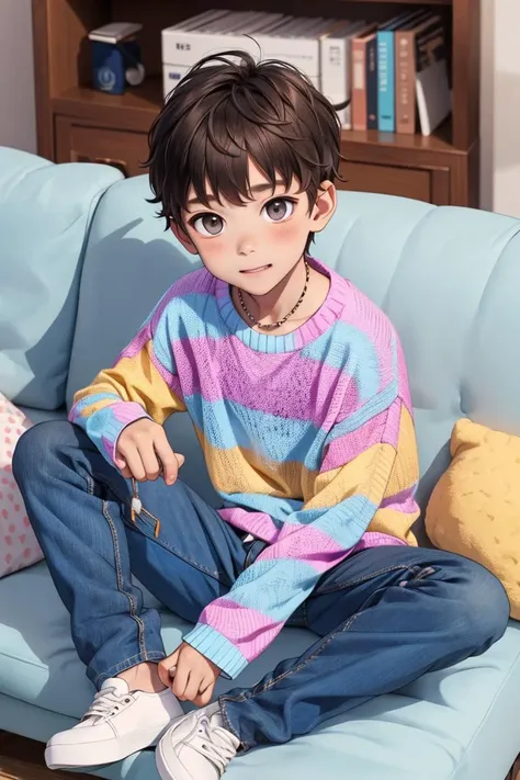 anime boy sitting on a couch with a chain around his neck