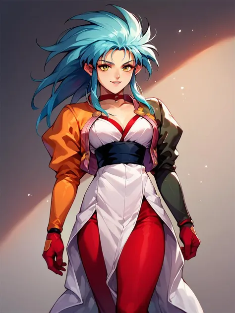 a woman with blue hair and a white top and red pants