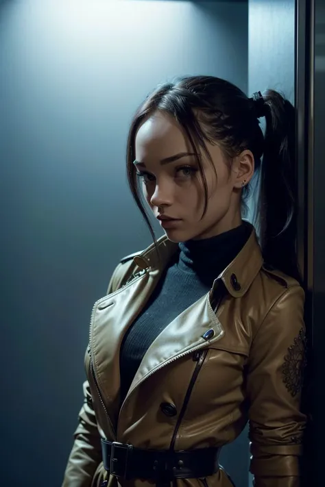 photo of S099_Karina, an attractive woman, in an (elevator), wearing a (trench-coat), (ponytail), (8k, RAW photo, best quality, depth of field, ultra high res:1.2), (absurdres, intricate, photorealistic, masterpiece, ultra-detailed, Unreal Engine:1.3)