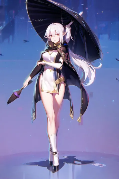 masterpiece, best quality, mecha, <lora:GR:0.8>,<lora:Light and Shadow:0.6>,starry,sky, (wings), star (sky), hood,cape,  white hair,  long hair,  pointy ears,  ponytail holder,  hair ornament, slim legs, full body,    
holding umbrella, high heel boots,