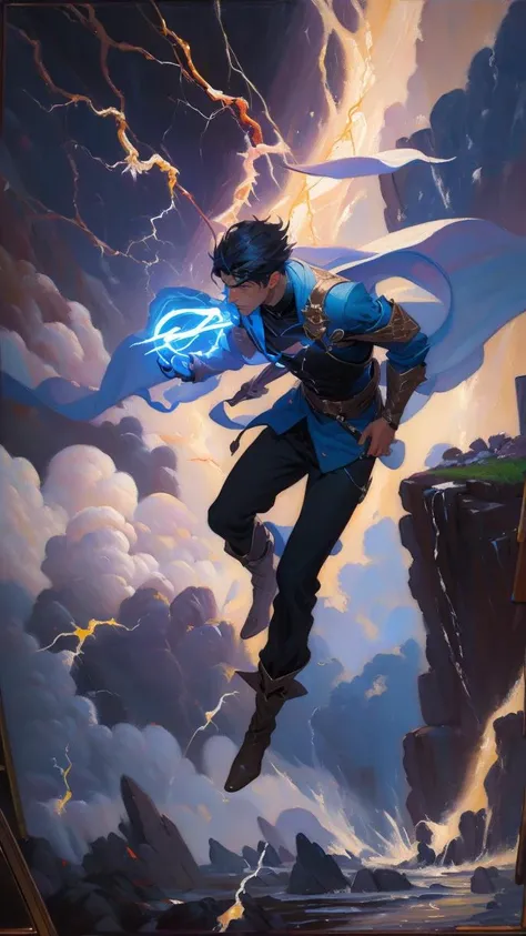 (oil painting style:1.6), Handsome young male mage, detailed eyes,casting a glowing rune, blue uniform black hair , <lora:sxz-niji-v2:.6> <lora:epi_noiseoffset2:1> , flying in a lightning storm, cliff,day, god rays, cloud, full body,