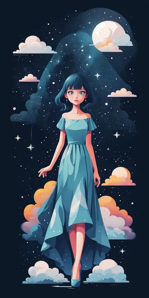 a woman in a blue dress walking through the sky