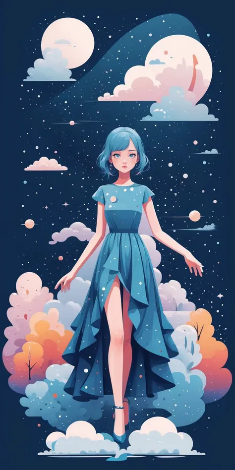 a woman in a blue dress is standing in the clouds