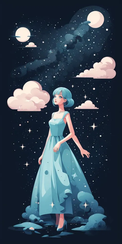 a woman in a blue dress standing in the sky with clouds