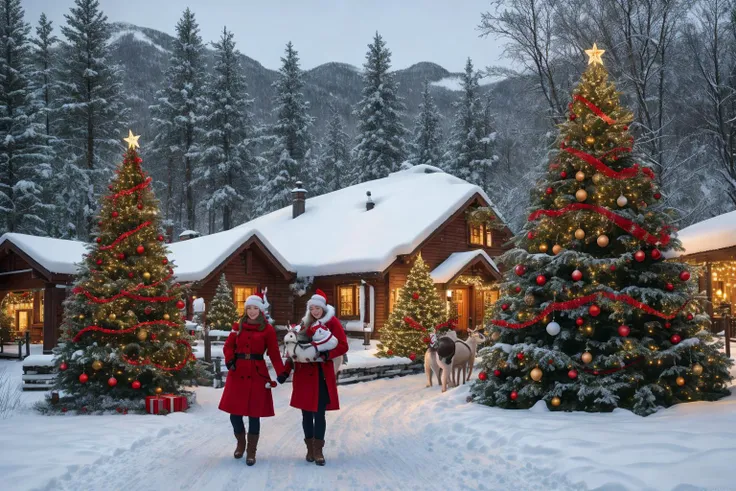 cinematic view, high definition picture, north snow covered landscape, covered by christmas trees, christmas decoration, candles, colored small christmas balls, reindeers, happy people walking with large colorfull gifts in their arms <lora:christmas:1>