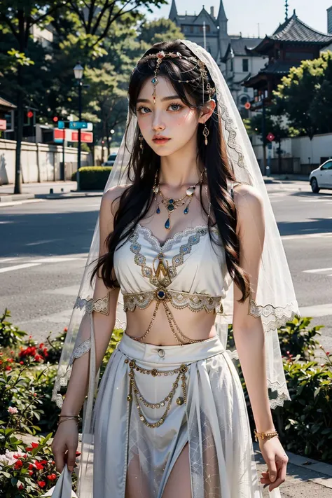 a woman in a white dress and veil standing on a street