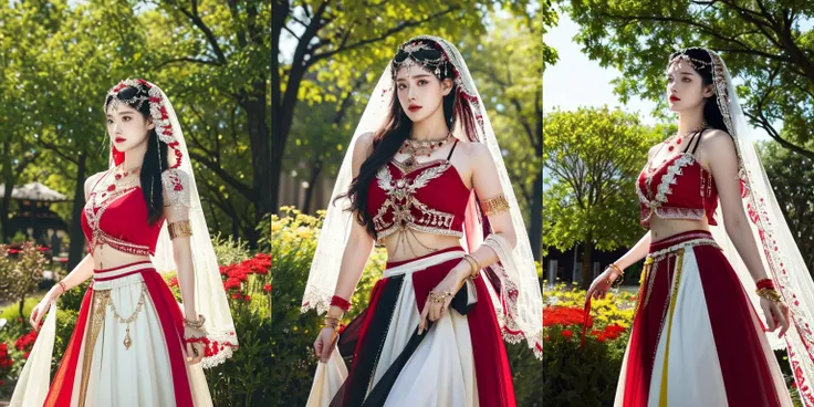 three women in traditional indian dress standing in a garden