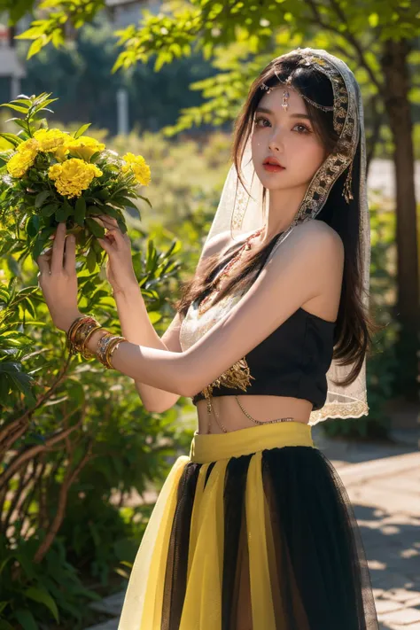 a woman in a black and yellow dress holding a bouquet