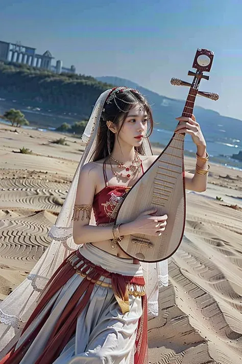 woman in a red and white dress holding a large instrument on a beach