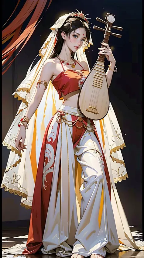 a close up of a woman in a costume holding a musical instrument