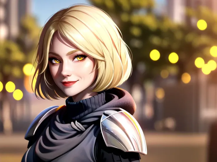 1girl,  short blonde hair, yellow eyes, armor, kotfe, lanabeniko, solo, upper body, bokeh, smiling<lora:swtor:0.8>