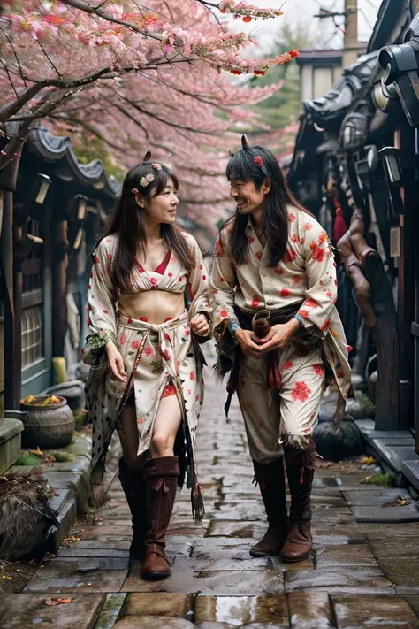 two women in kimono walking down a narrow alley with cherry blossoms