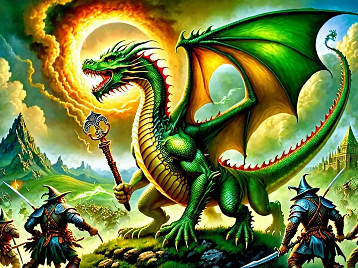 Fujifilm quality photograph (best quality)++, (masterpiece)++, (detailed)+, Leprechauns fighting a Dragon, (fantasy illustration)1.3, enchanting Dragon At war with Leprechauns mystical battle, Leprechauns versus Dragon War (many Leprechauns battling)1.4(Sh...