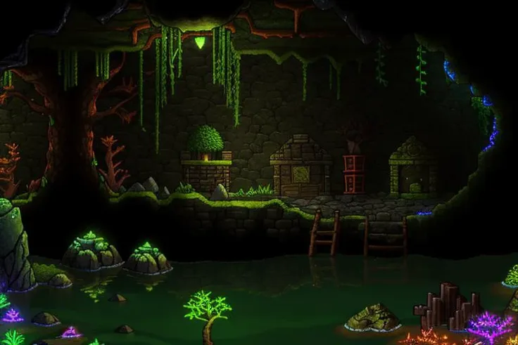 a screenshot of a cave with a ladder and a tree