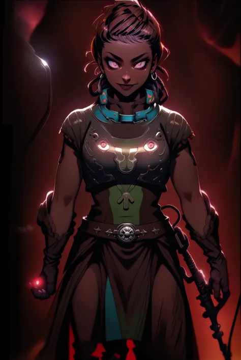 a woman with a sword and a glowing face in a dark room