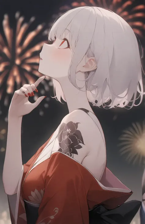 1girl, 
sul ( 20sub), 
fingernails, solo focus, white hair, wide-eyed, dress, outdoors, red dress, blurry, black sash, nail polish, bare shoulders, fireworks, kimono, red kimono, breasts, depth of field, from side, short hair, sash, looking up, arm tattoo,...