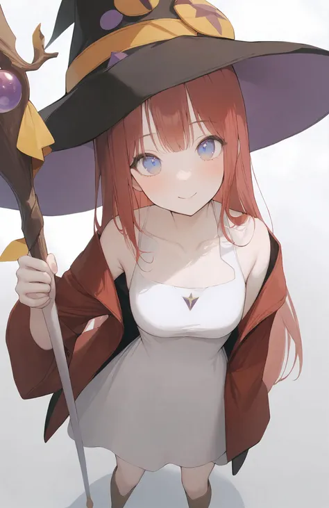 1girl, 
sul ( 20sub), 
red jacket, open jacket, solo, white dress, hat, bare shoulders, from above, closed mouth, witch hat, holding staff, long sleeves, jacket, arm at side, smile, character hat, looking at viewer, full body, knee boots, off shoulder, sle...