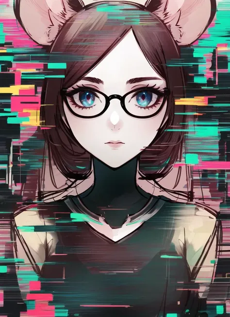 ((best quality)), ((highly detailed)), masterpiece, extremely detailed face, beautiful face, (detailed eyes, deep eyes), (1girl), (glasses), upper body, <lora:aiomonstergirls_loraLocon:.7>, (rat girl), rat ears, rat tail, <lora:Glitching:.8>, Glitching, gl...