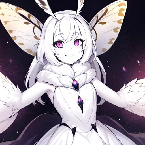 anime character dressed in white with wings and a black cape