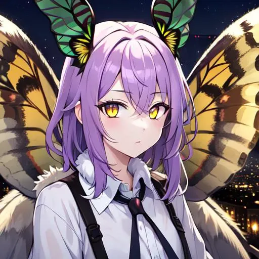 anime girl with purple hair and butterfly wings in front of a city