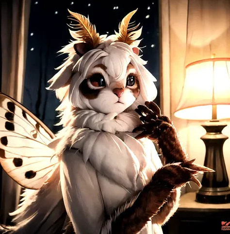 grainy,realistic, extremely detailed, night, dark lighting, dynamic lighting, dof <lyco:mothgirl:1.0> hitting a lamp ,moth girl,moth wings,neck fur,antennae