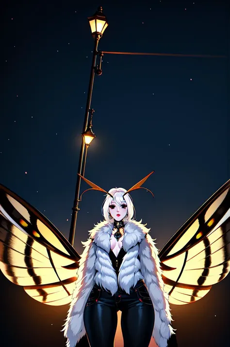 masterpiece, best quality, 1girl, solo, moth girl, white hair, white skin, four arms, multiple arms, black eyes, neck fur, moth antennae, (white moth wings), multiple wings, casual top, black pants, fur collar, outside, city, at night, streetlight <lyco:mo...