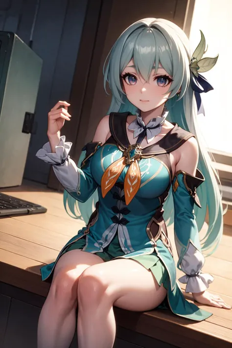 anime girl sitting on a desk with a computer and a cigarette