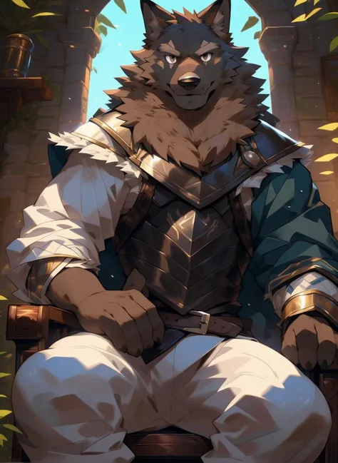 a close up of a person sitting on a chair with a wolf on it