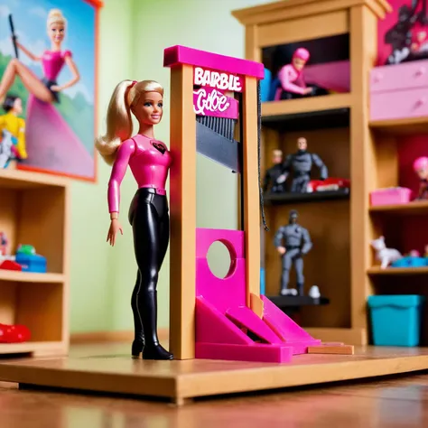 A Barbie themed stood next to a toy-themed guillotine, a GI Joe action figure with his head in the guillotine hole, set in a detailed childs playroom<lora:guillotine:1>, best quality, masterpiece, 8k, uhd, bokeh,