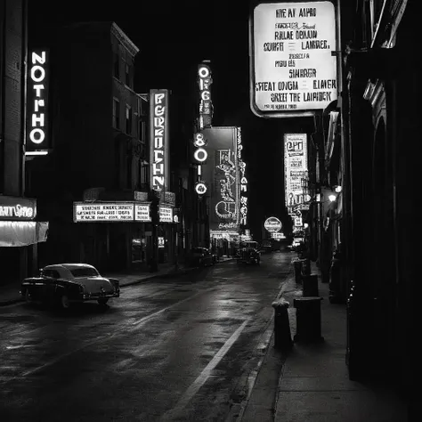 Film noir style, classic film noir style <lora:Classic Film Noir style:1> 
a city street at night with a lot of neon signs,cinematic,film,Hollywood,crime,drama,dramatic,dramatic light,low light,dim light,low-key light,shadow,partially covered in shadow,win...