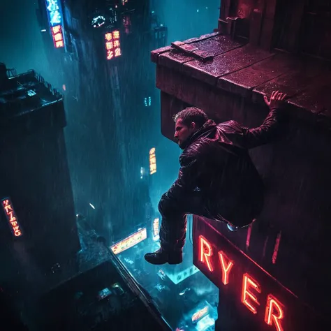 Neon noir, classic film noir style of <lora:Classic Film Noir style:1> 
 <lora:Blade Runner Style:0.55>
High angle from above Cinematic Hyperrealistic Artstation Artwork of a man hanging over a ledge of a tall building  to the right Blade Runner style, Cyb...