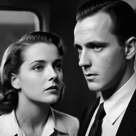 Film noir style,  <lora:Classic Film Noir style:1>
a man and a woman are looking at each other,cinematic,film,Hollywood,crime,drama,dramatic,dramatic light,low light,dim light,low-key light,shadow,partially covered in shadow,window light,dark light,cynical...