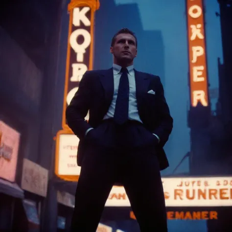 Neon noir, classic film noir style of <lora:Classic Film Noir style:1> 
 <lora:Blade Runner Style:1>
low angle from below, medium shot, Kodak Eastman 100T 5247 Cinematic 1982 Film Stock Footage of Rick Deckard a man in a suit and tie standing in front of n...